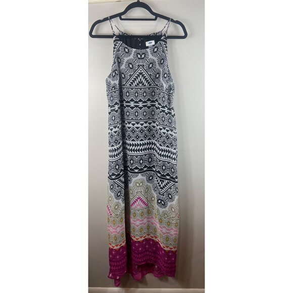 Old Navy Halter Maxi Dress Geometric Black White Pink Print Large - Picture 1 of 7